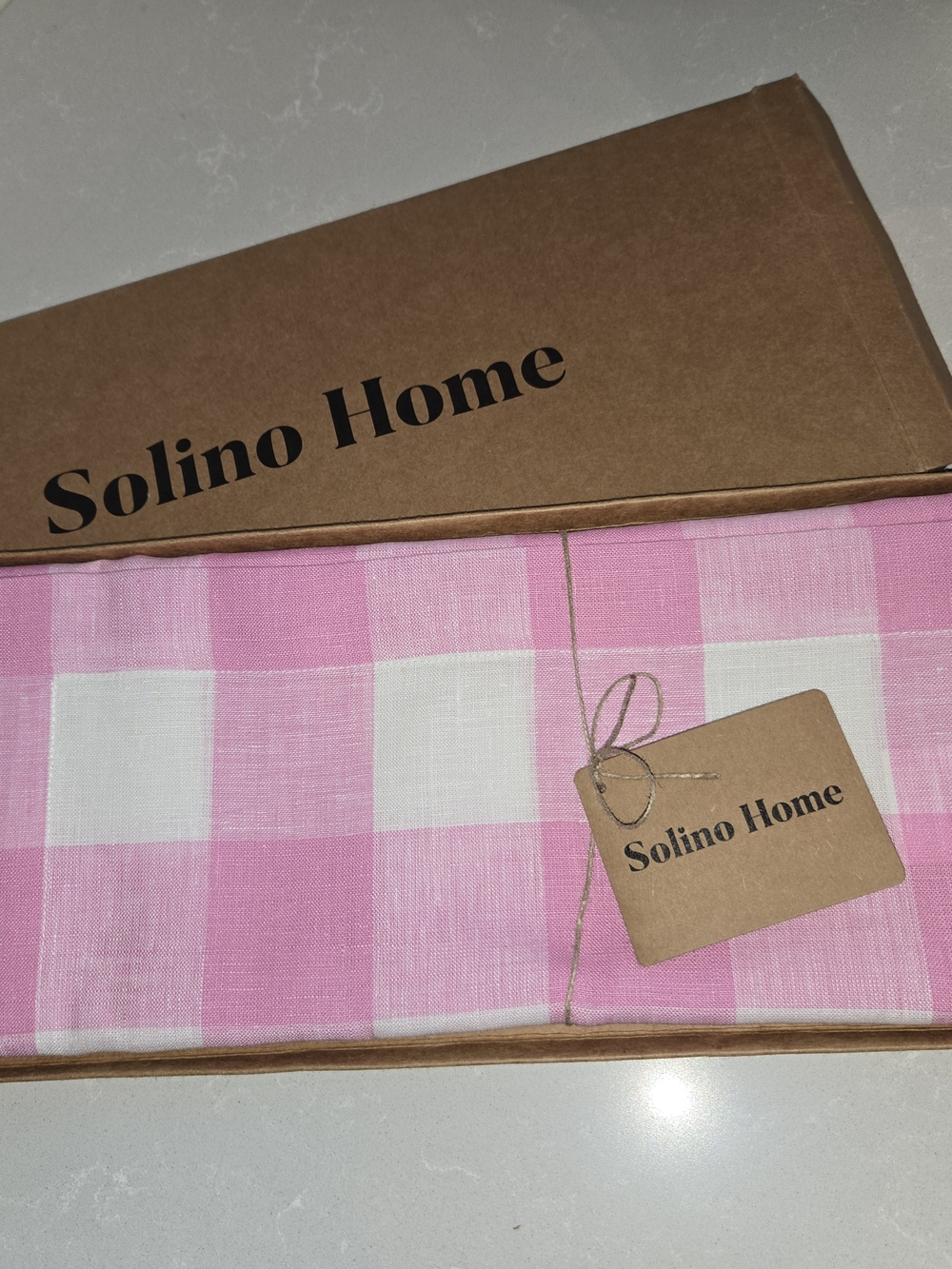 Solino Home Pink Begonia Linen Buffalo Check 14 x 90 TABLE RUNNER New in Box